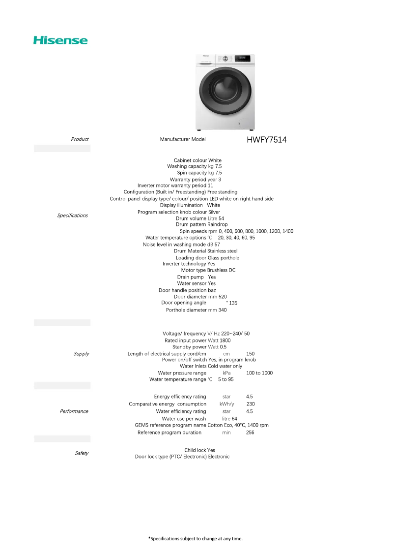 Page n°1 - Fiche technique Hisense HWFY7514