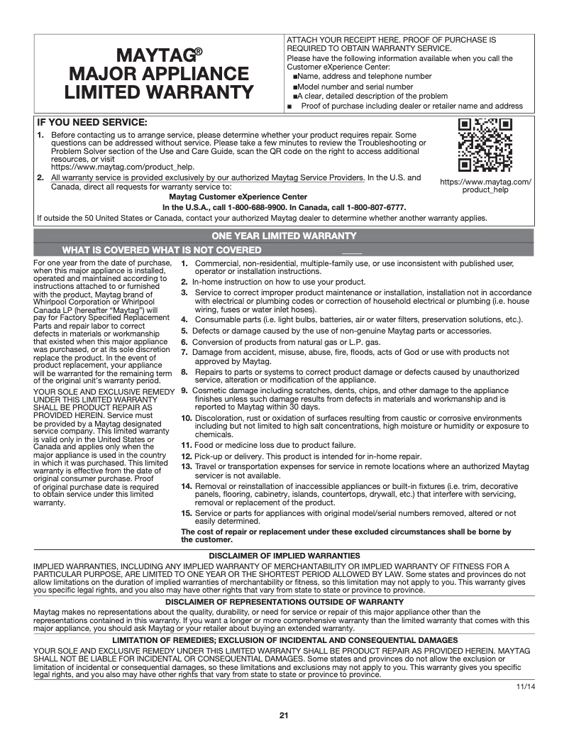 Page 1 de la notice Informations de garantie Maytag MGS8800FZ