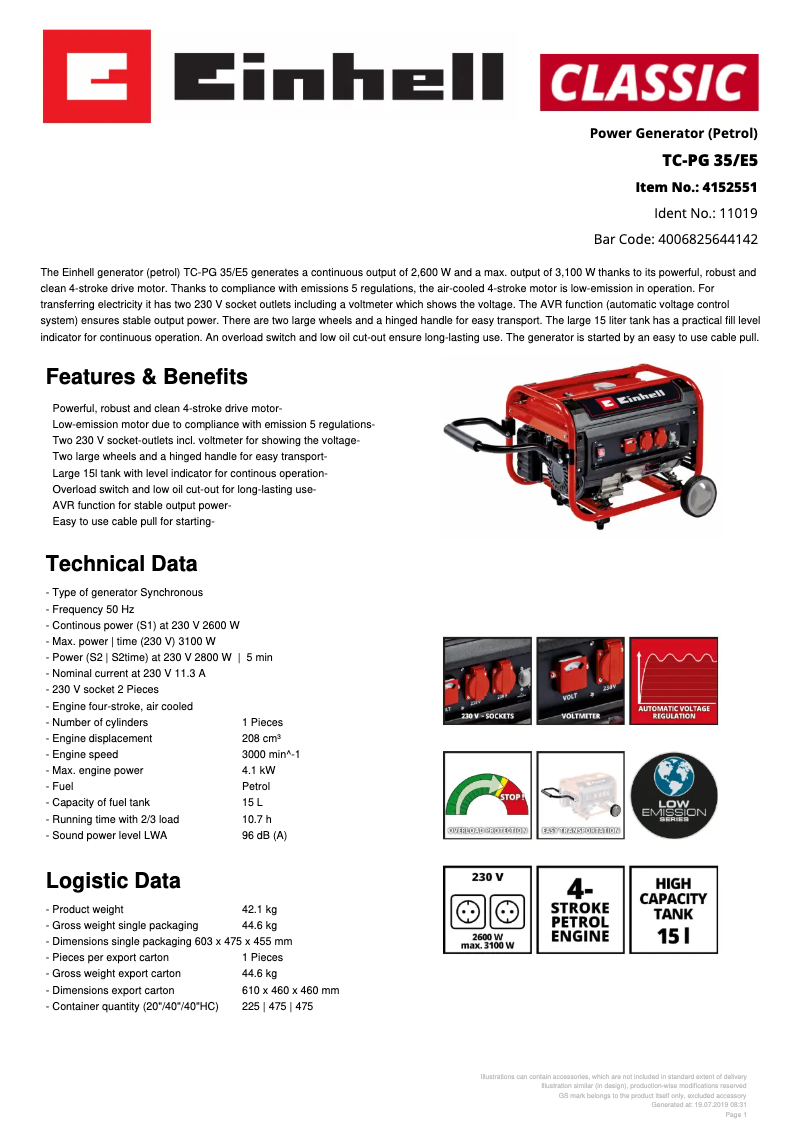 Page 1 de la notice Fiche technique Einhell TC-PG 35/E5