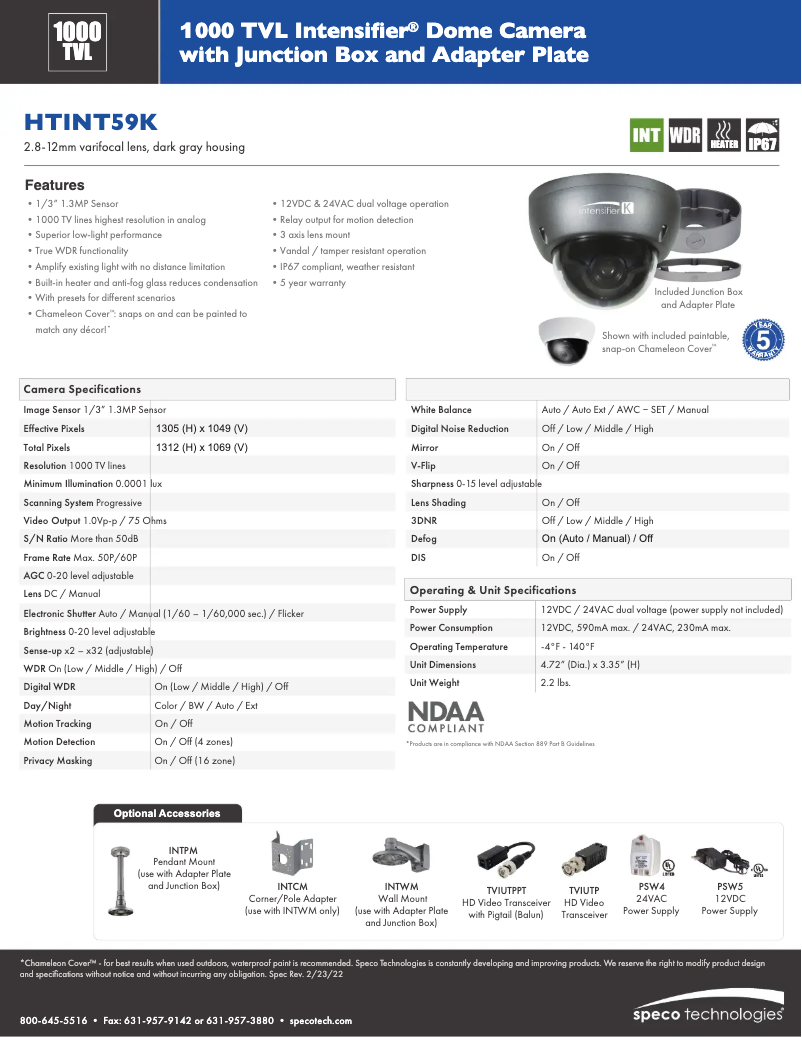 Page 1 de la notice Fiche technique Speco Technologies HTINT59K