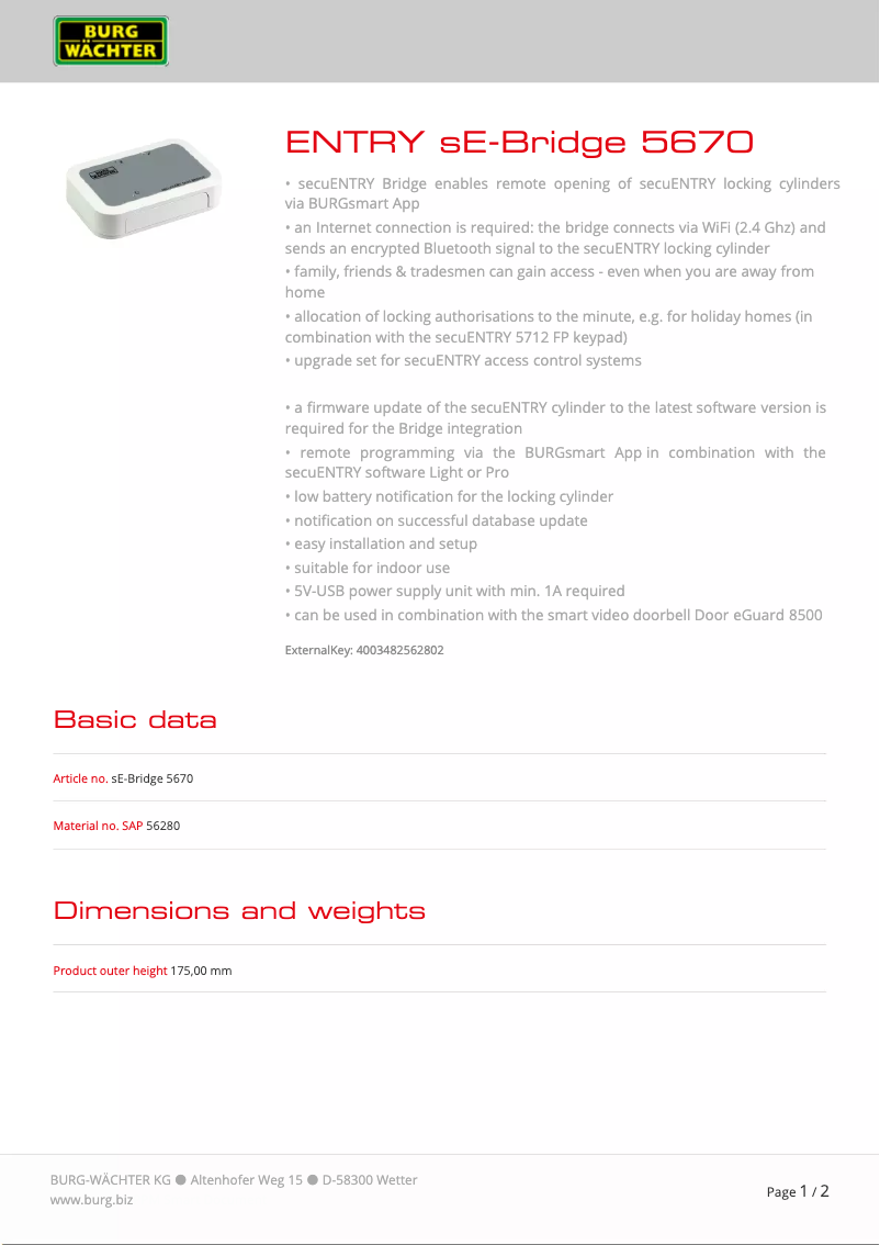 Page n°1 - Fiche technique Burg Wächter sE-Bridge 5670