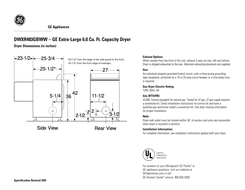 Page n°1 - Fiche technique GE DWXR483GBWW