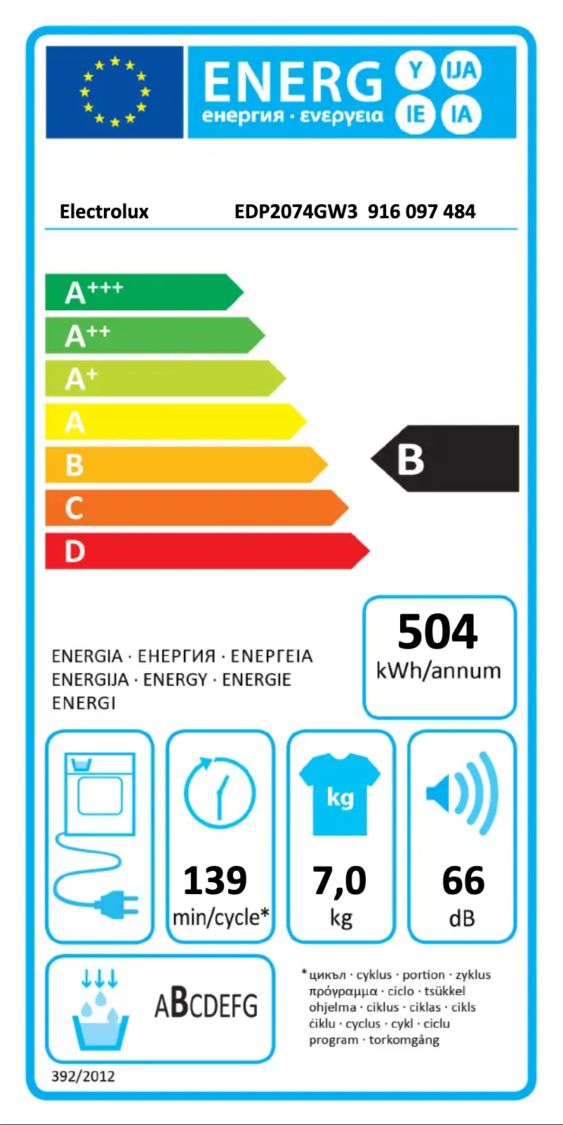 Page n°1 - Label énergétique Electrolux EDP2074GW3