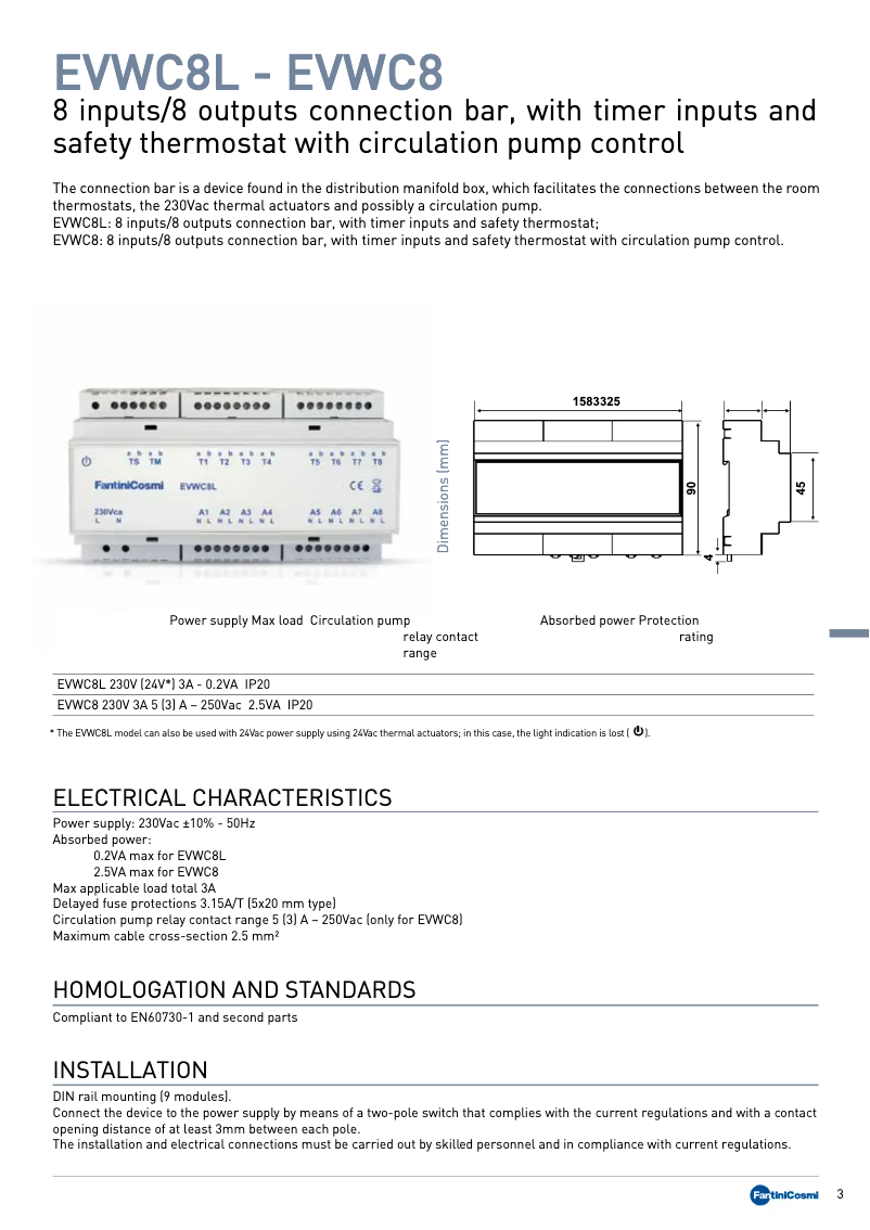 Page 1 de la notice Fiche technique Fantini Cosmi EVWC8L