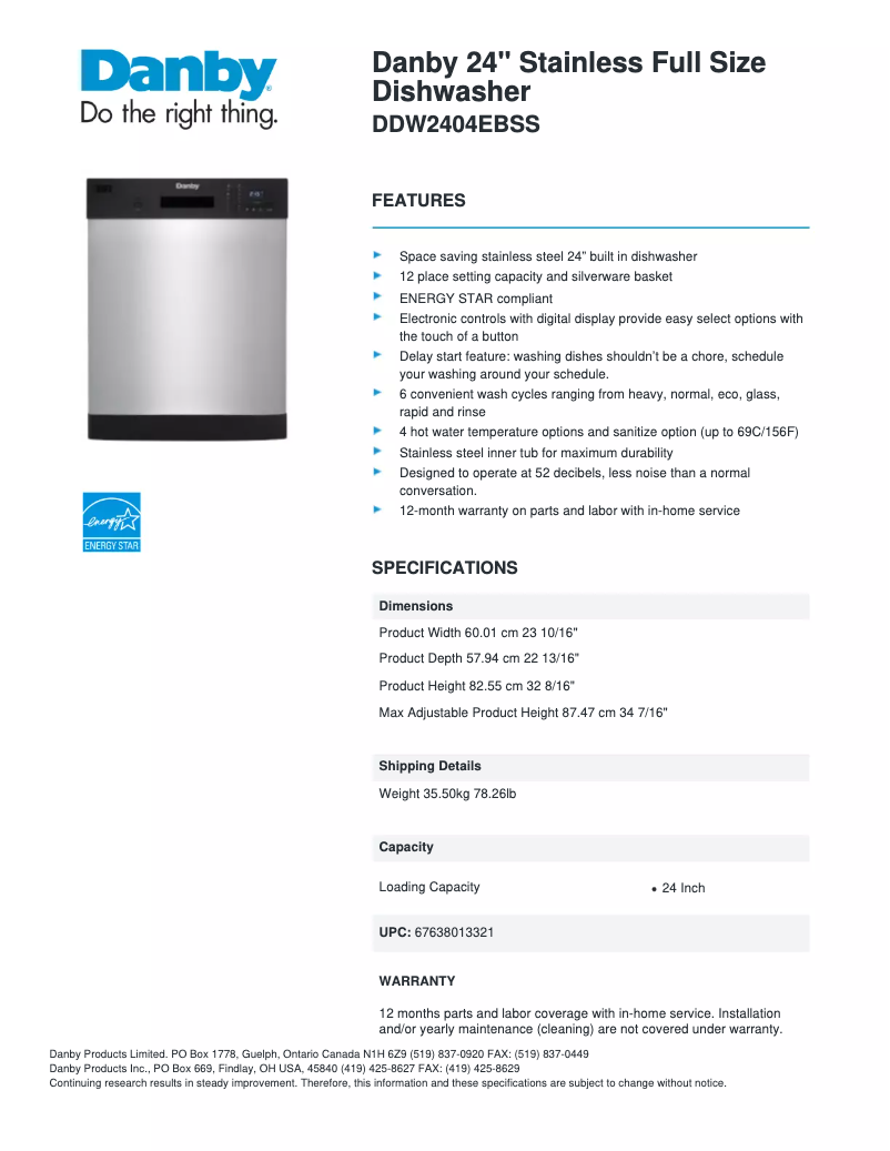 Page 1 de la notice Fiche technique Danby DDW2404EBSS