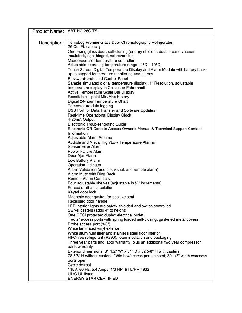 Page 1 de la notice Manuel utilisateur American BioTech Supply ABT-HC-26C-TS