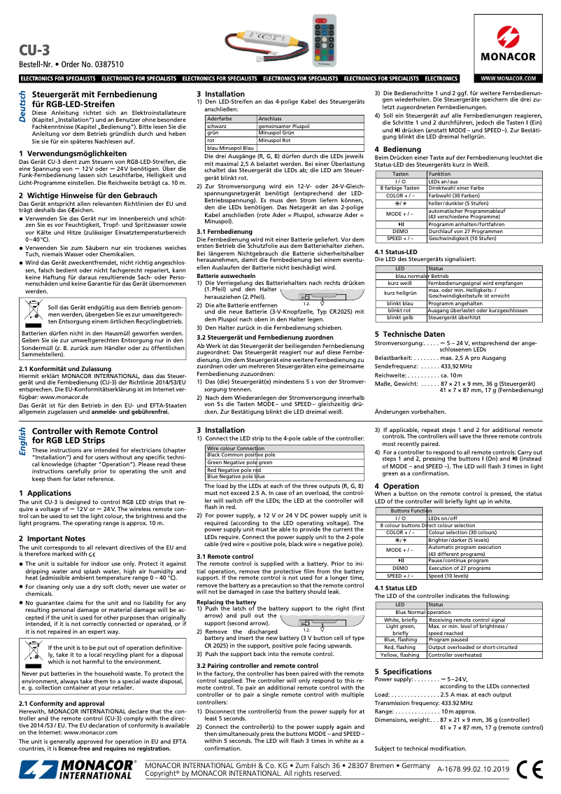 Page 1 de la notice Manuel utilisateur Monacor CU-3