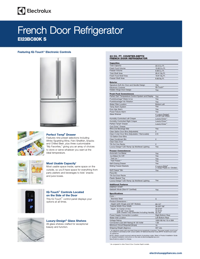 Page 1 de la notice Fiche technique Electrolux EI23BC80K