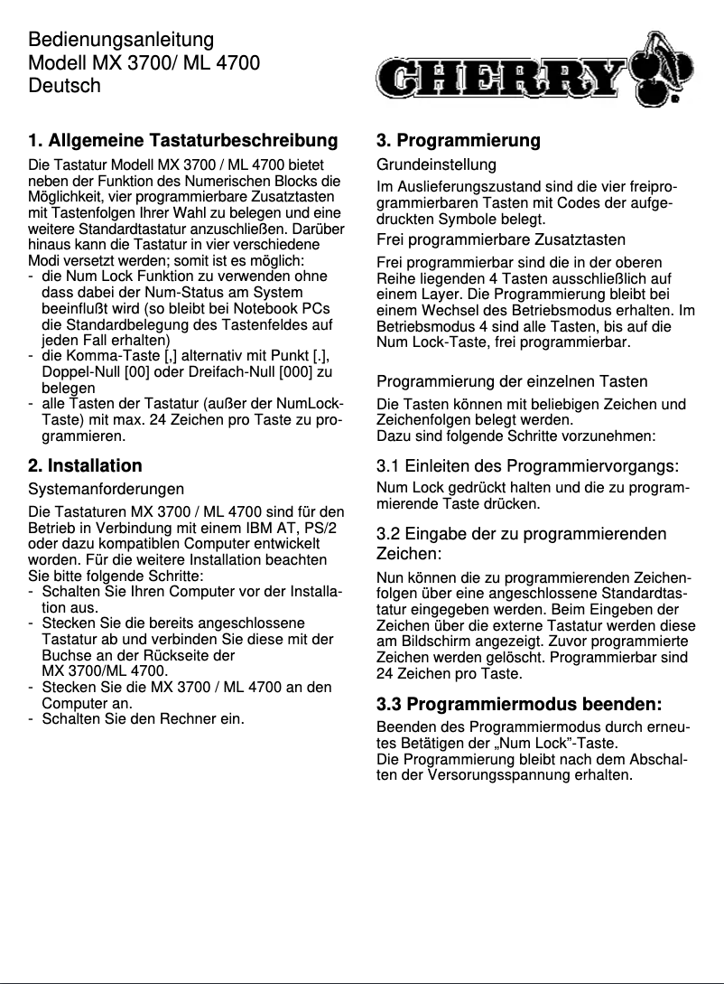 Page 1 de la notice Manuel utilisateur Cherry G80-3700