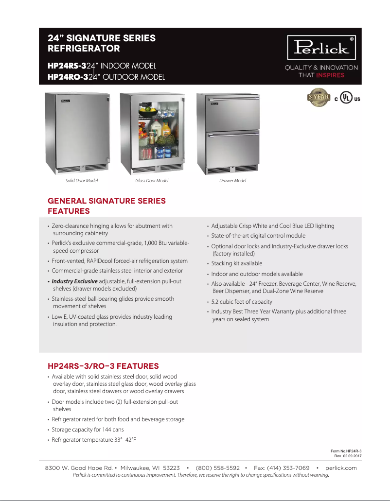Page 1 de la notice Fiche technique Perlick HP24RO-3-3L