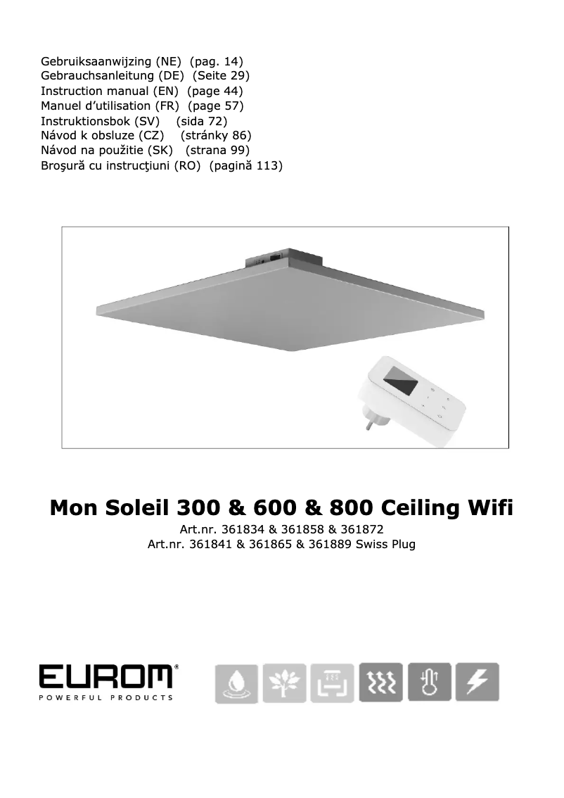 Page 1 de la notice Manuel utilisateur Eurom Mon Soleil 800 ceiling wifi