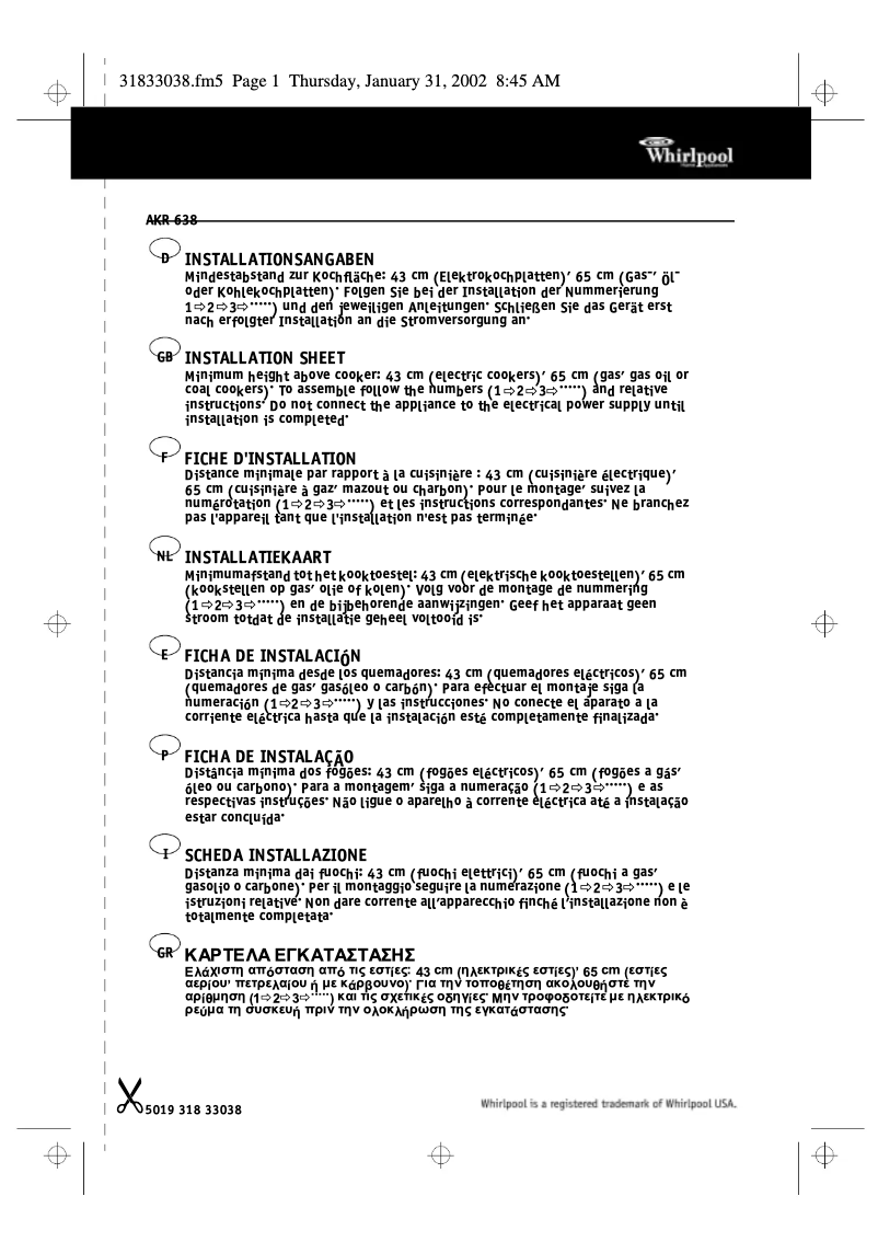 Page 1 de la notice Manuel utilisateur Whirlpool AKR638IX