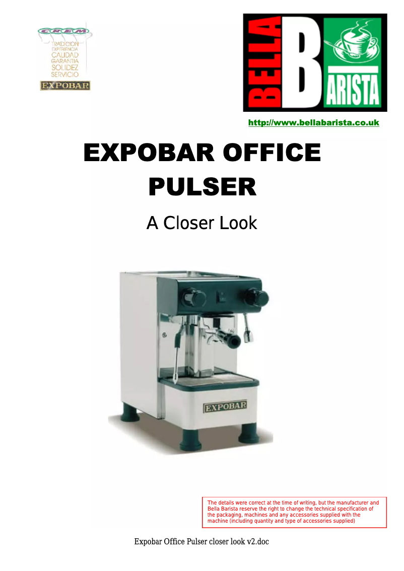 Page 1 de la notice Manuel utilisateur Bella Barista Expobar Office Pulser