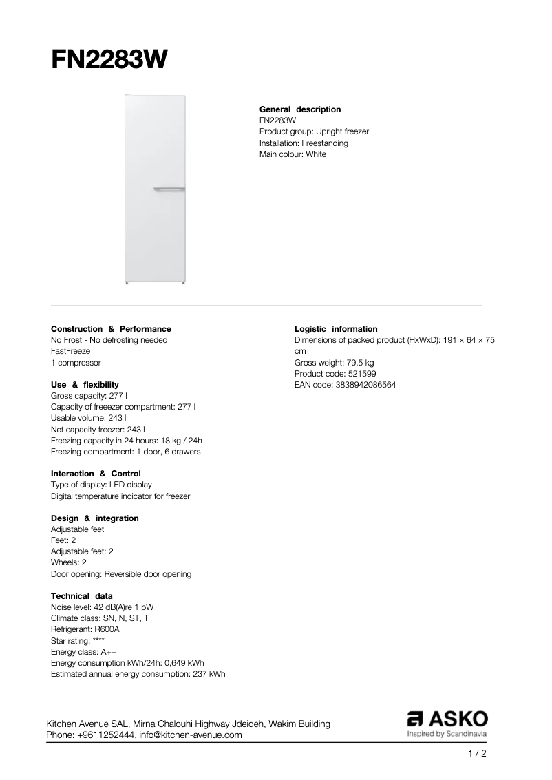 Page 1 de la notice Fiche technique Asko FN2283W