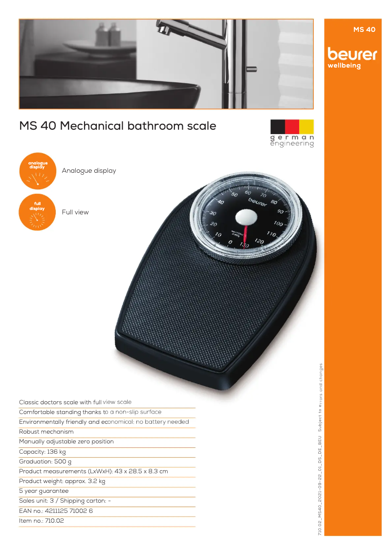 Page 1 de la notice Fiche technique Beurer MS 40
