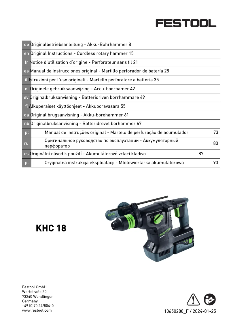 Page 1 de la notice Manuel utilisateur Festool KHC 18