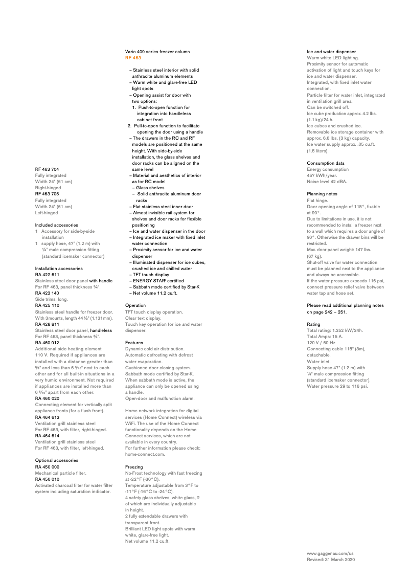 Page 1 de la notice Fiche technique Gaggenau RF463705