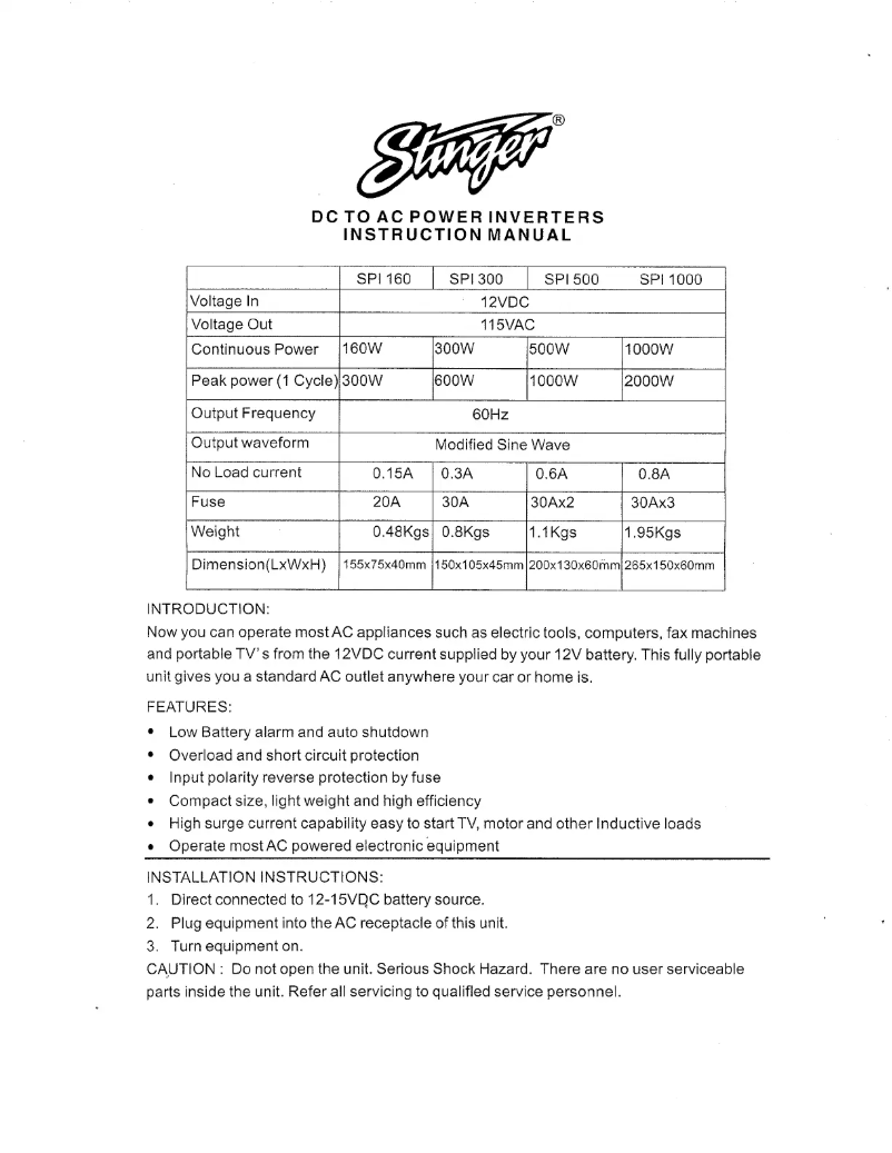 Page n°1 - Manuel utilisateur Stinger SPI300