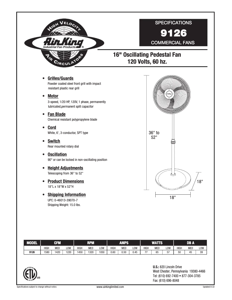 Page 1 de la notice Fiche technique Air King 9126