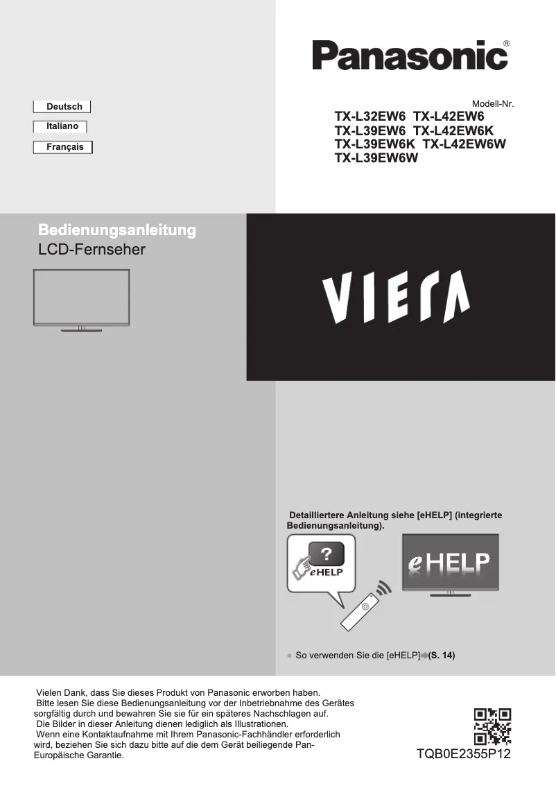 Image de la première page du manuel de l'appareil Viera TX-L39EW6K