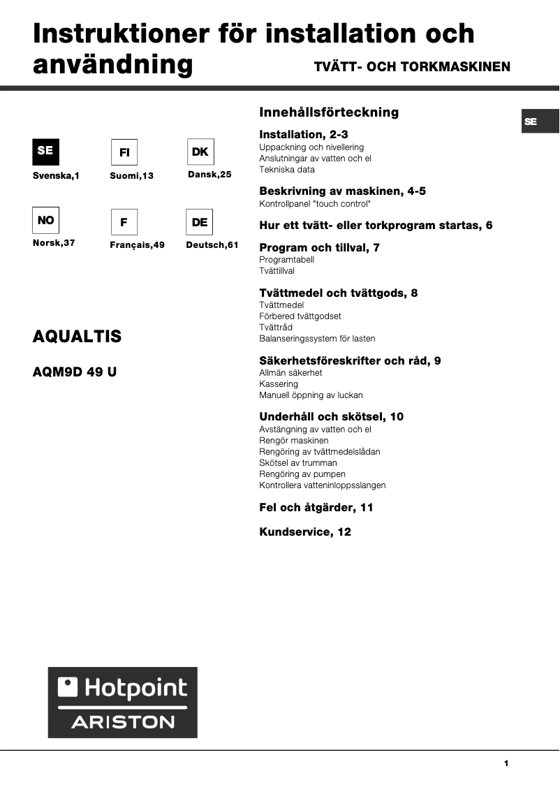 Page 1 de la notice Manuel utilisateur Hotpoint Ariston Aqualtis AQM9D 49 U
