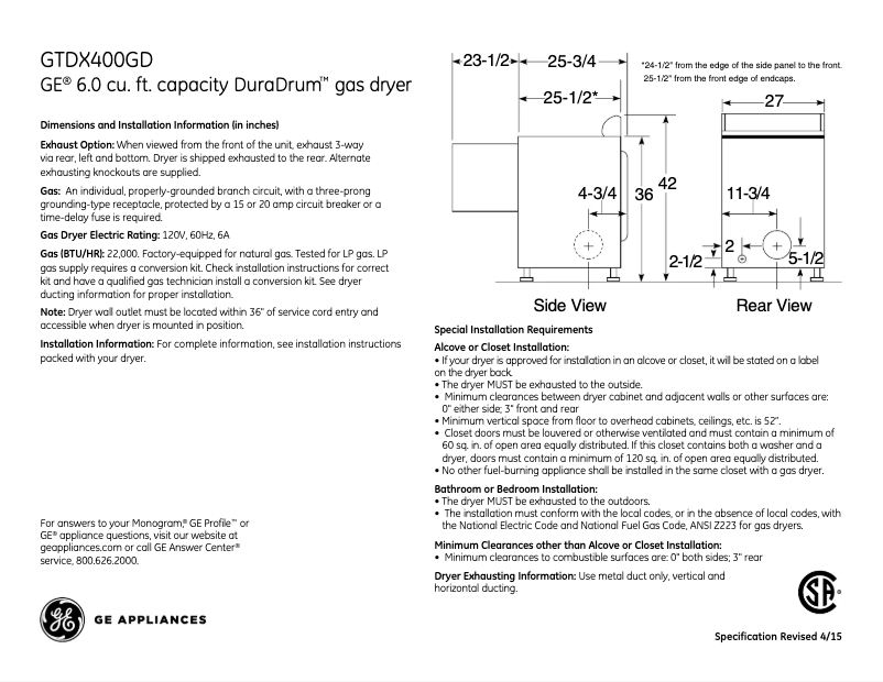 Page 1 de la notice Fiche technique GE GTDX400GDWS