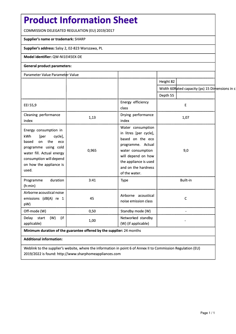 Page n°1 - Manuel utilisateur Sharp QW-NI1EI45EX-DE