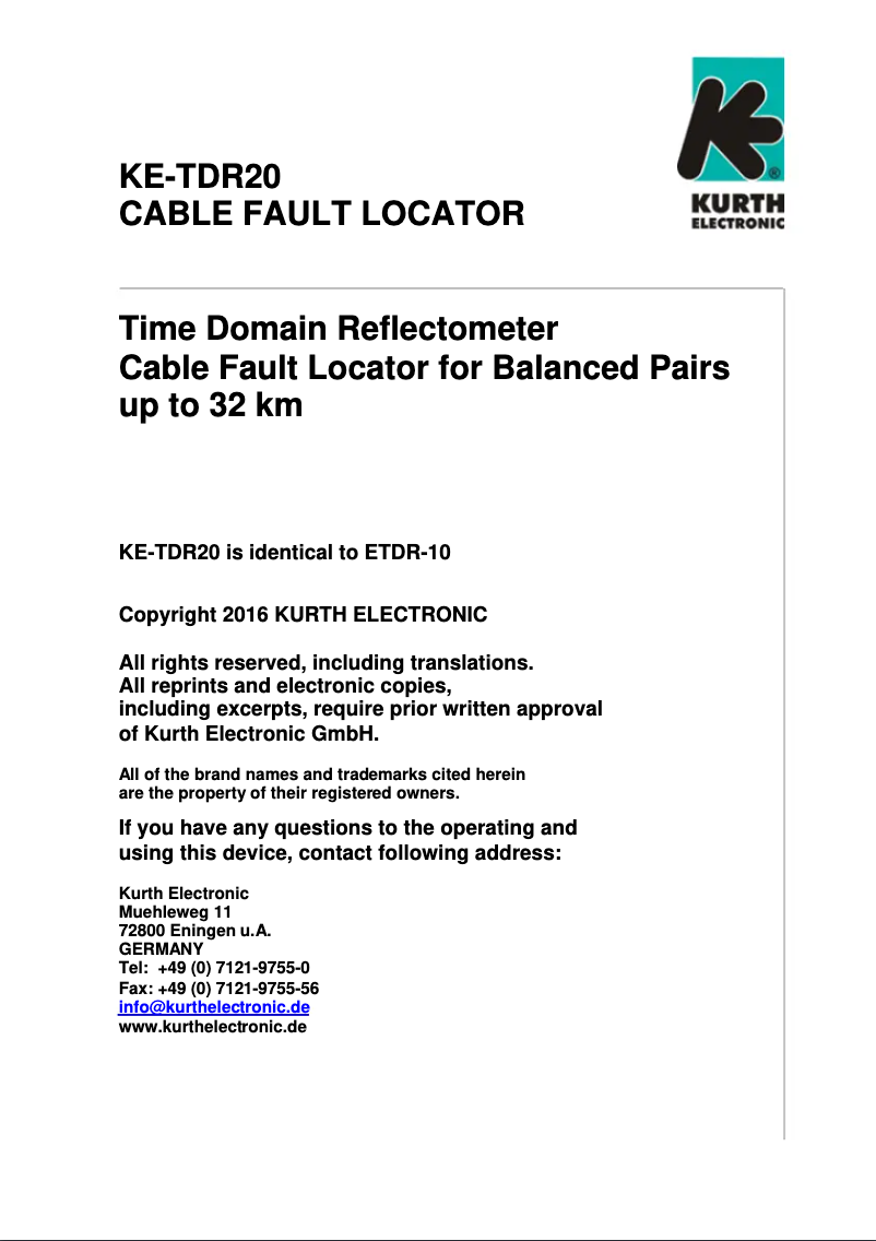 Page n°1 - Manuel utilisateur Kurth Electronic KE-TDR20