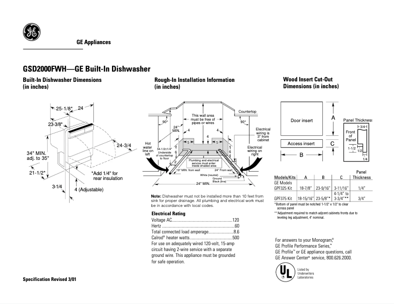 Page 1 de la notice Fiche technique GE GSD2000FWH