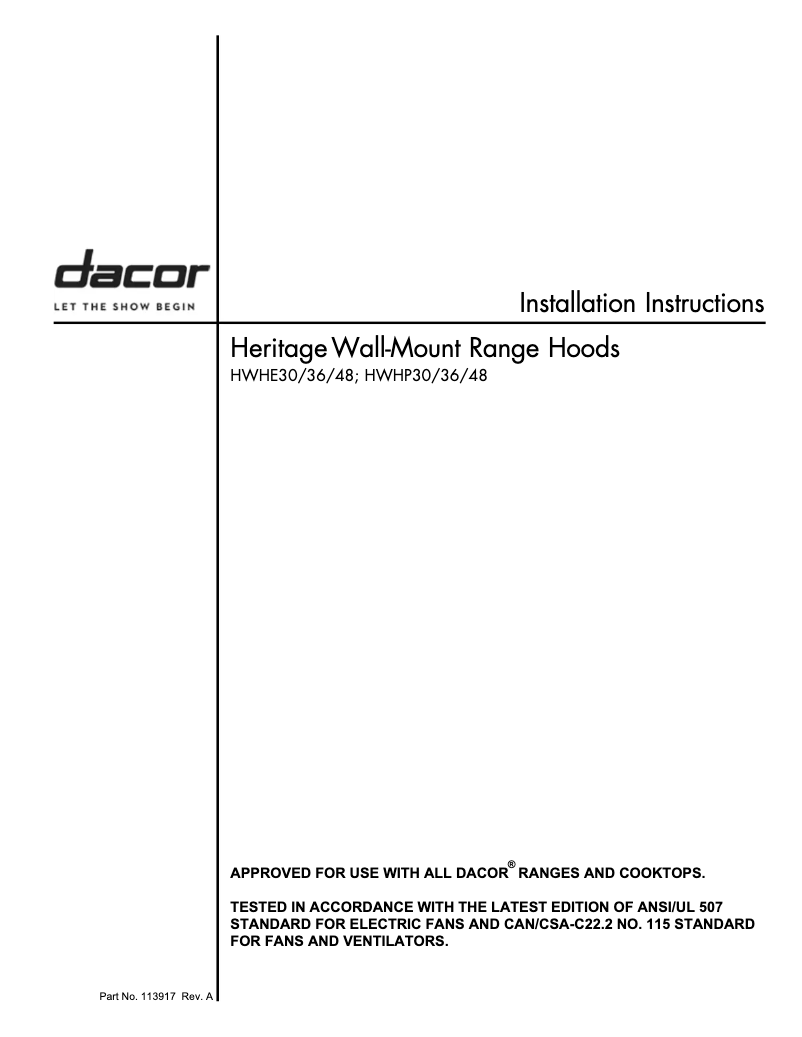 Page n°1 - Guide d'installation Dacor HWHE3018S