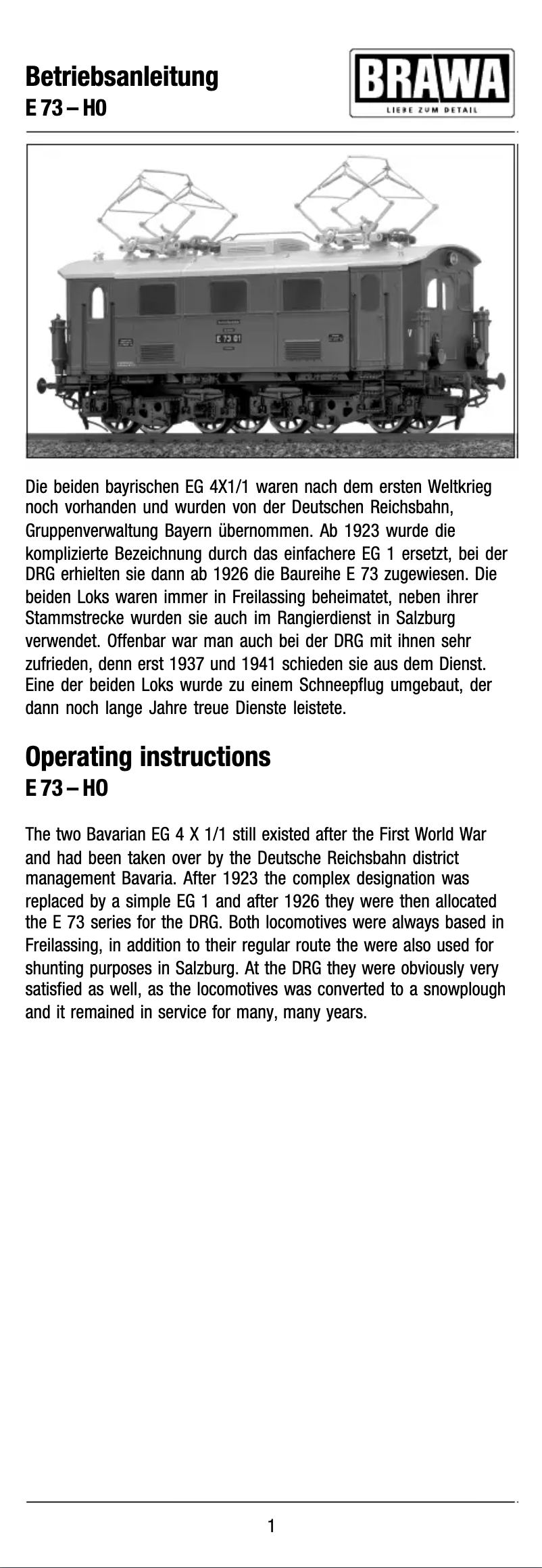 Page n°1 - Manuel utilisateur Brawa 43052 E 73 (HO)