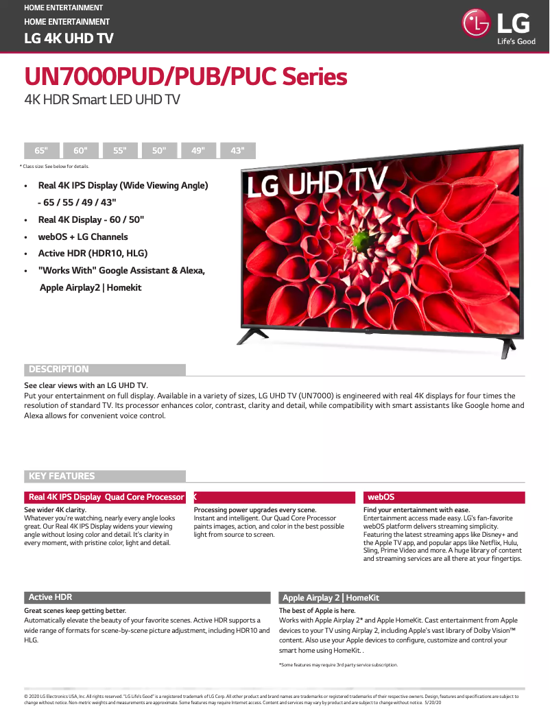 Page 1 de la notice Fiche technique LG 55UN7000PUB