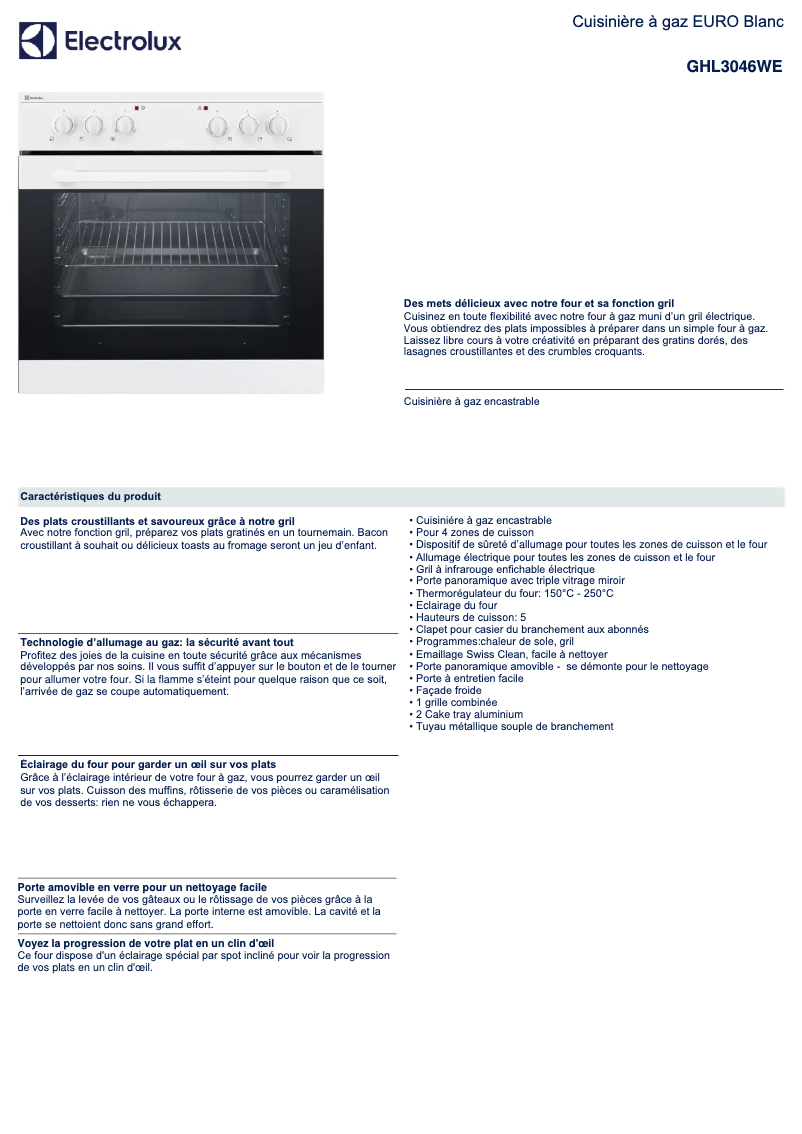 Page 1 de la notice Fiche technique Electrolux GHL3046WE