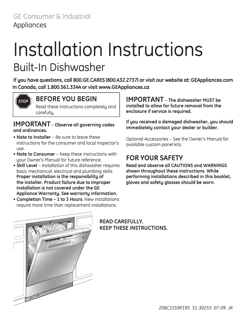 Page 1 of the manual Installation Guide GE HDA2000VWW