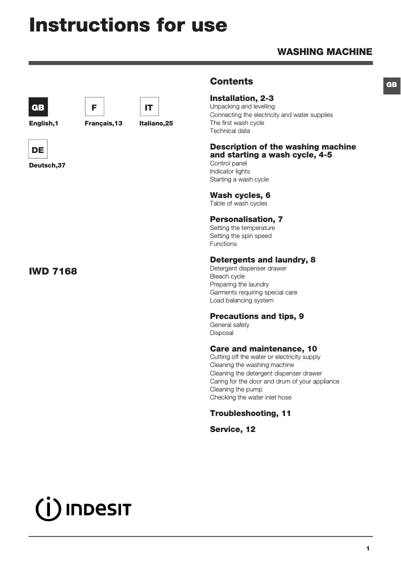 Page n°1 - Manuel utilisateur Indesit IWD7168