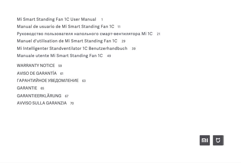 Page 1 de la notice Manuel utilisateur Xiaomi Mi Smart Standing Fan 1C