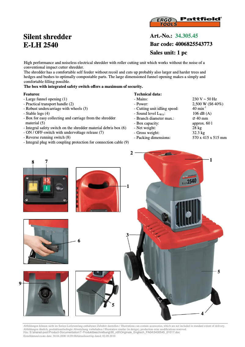Page n°1 - Manuel utilisateur Ergotools Pattfield E-LH 2540