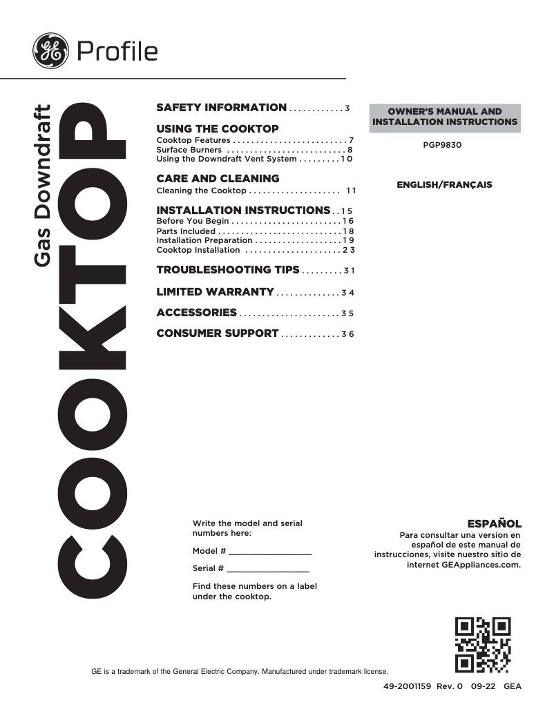 Page n°1 - Manuel d'utilisation et d'entretien GE Profile PGP9830SRSS