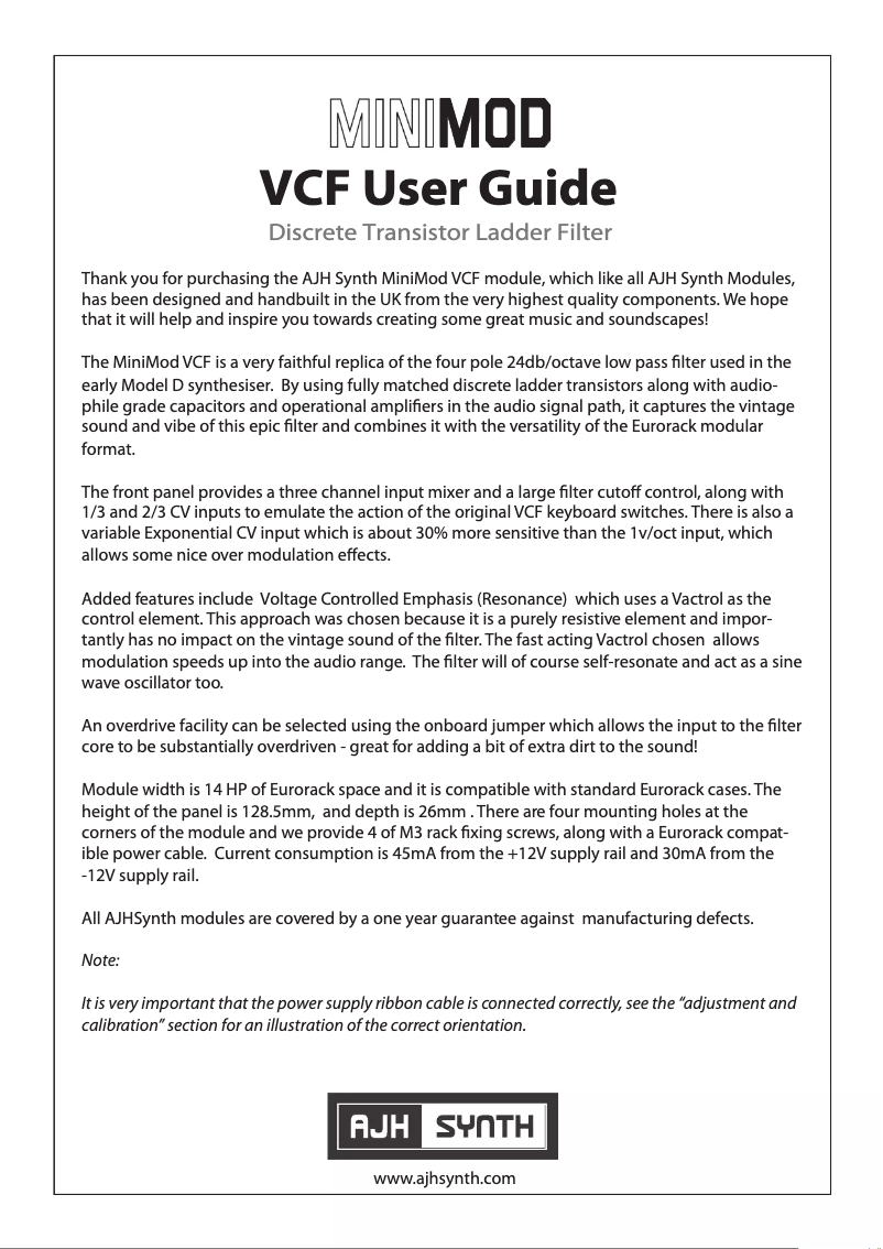Page n°1 - Manuel utilisateur AJH Synth MiniMod VCF