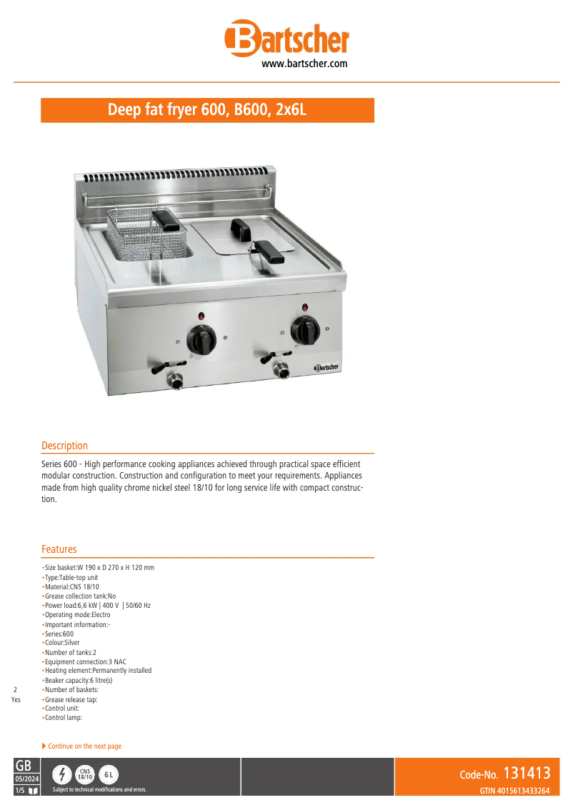 Page n°1 - Manuel utilisateur Bartscher 131413