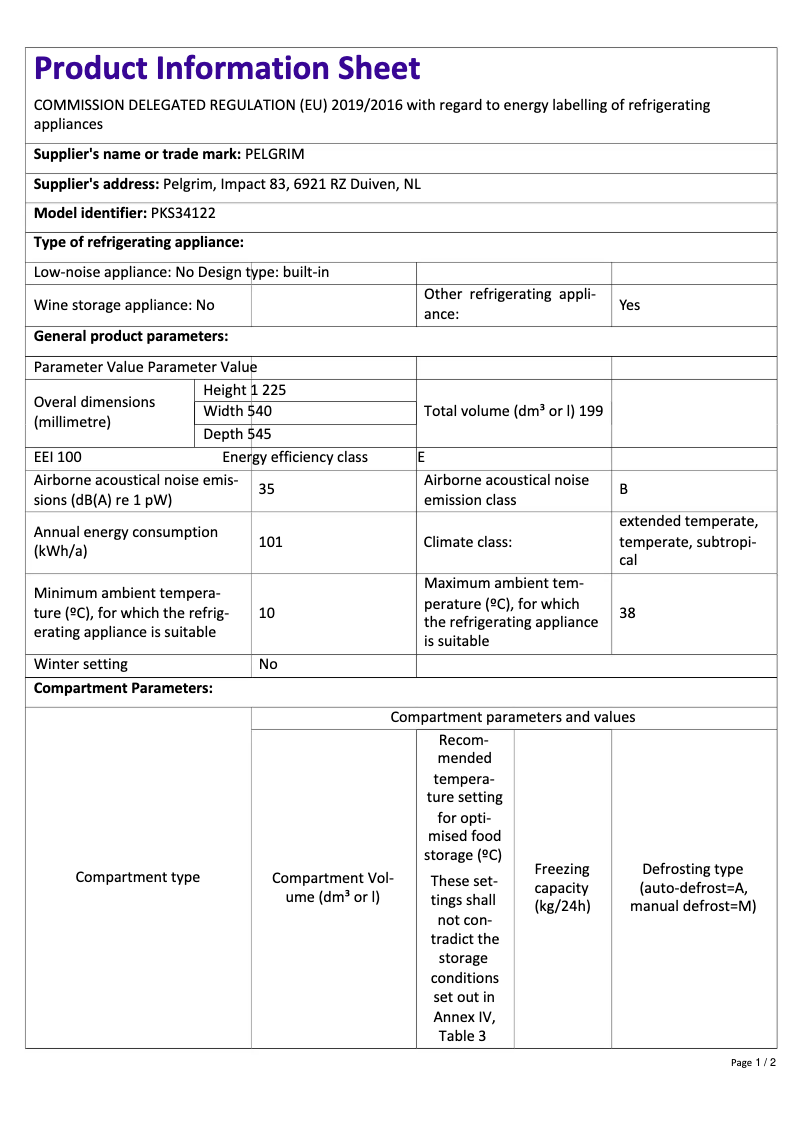 Page n°1 - Fiche technique Pelgrim PKS34122
