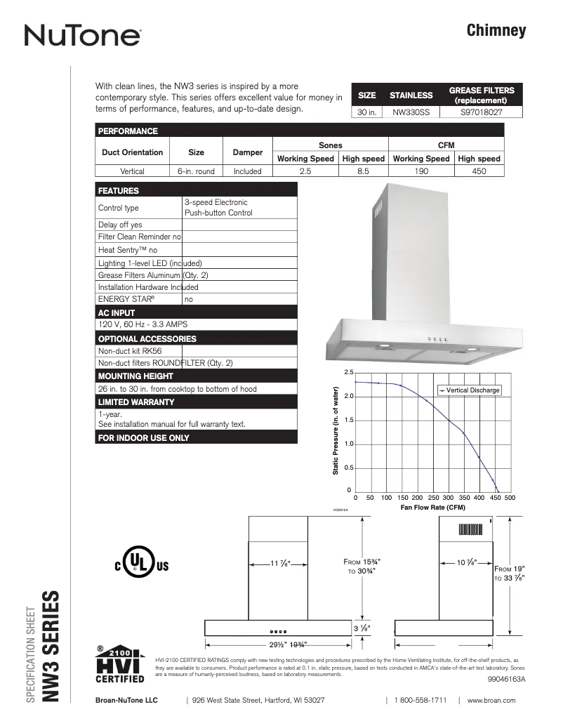 Page 1 de la notice Fiche technique NuTone NW330SS