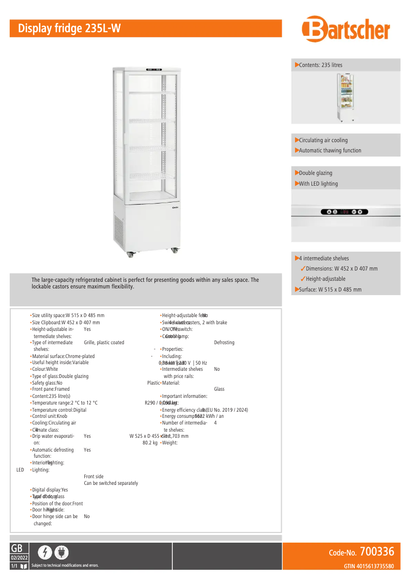 Page n°1 - Fiche technique Bartscher 700336