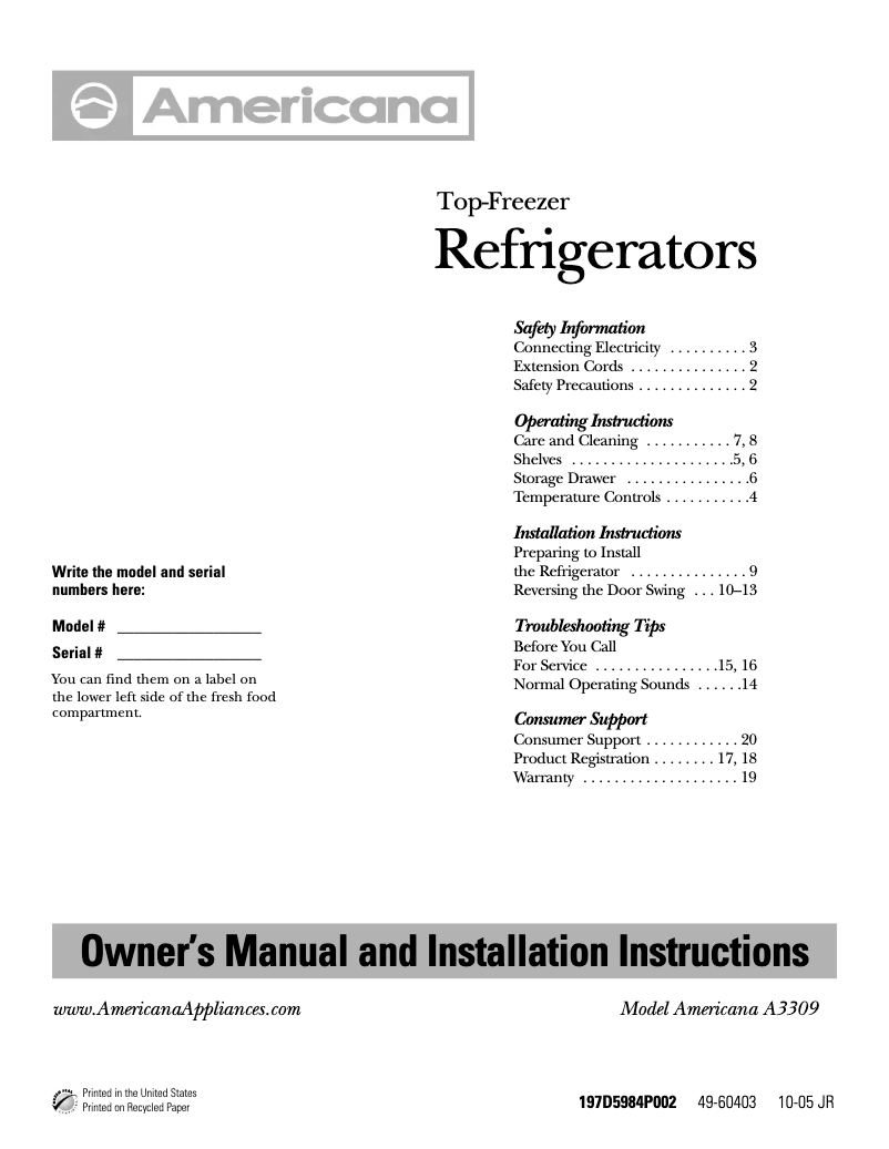 Page 1 de la notice Manuel utilisateur Americana A3309AASWW