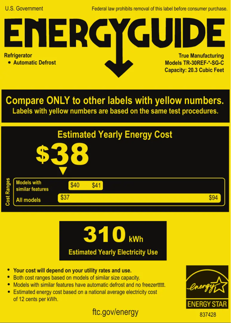 Page 1 de la notice Label énergétique True TR-30REF-R-SG-C