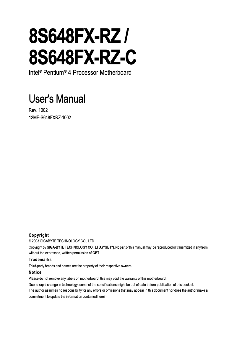 Page n°1 - Manuel utilisateur Gigabyte 8S648FX-RZC
