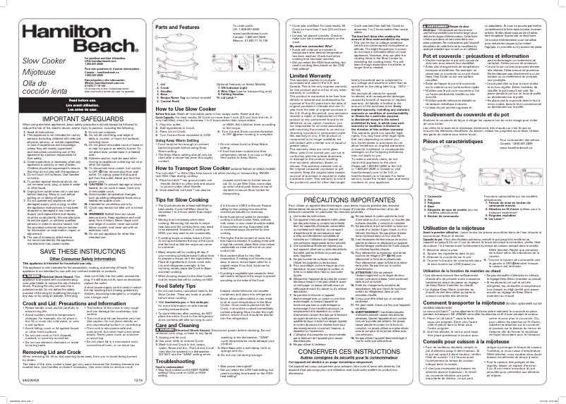Page 1 de la notice Mode d'emploi Hamilton Beach 33191