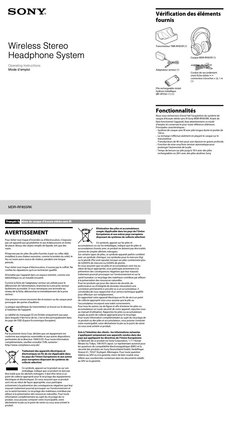 Page 1 de la notice Manuel utilisateur Sony MDR-RF855