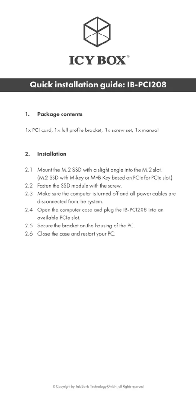 Page 1 de la notice Manuel utilisateur Icy Box IB-PCI208