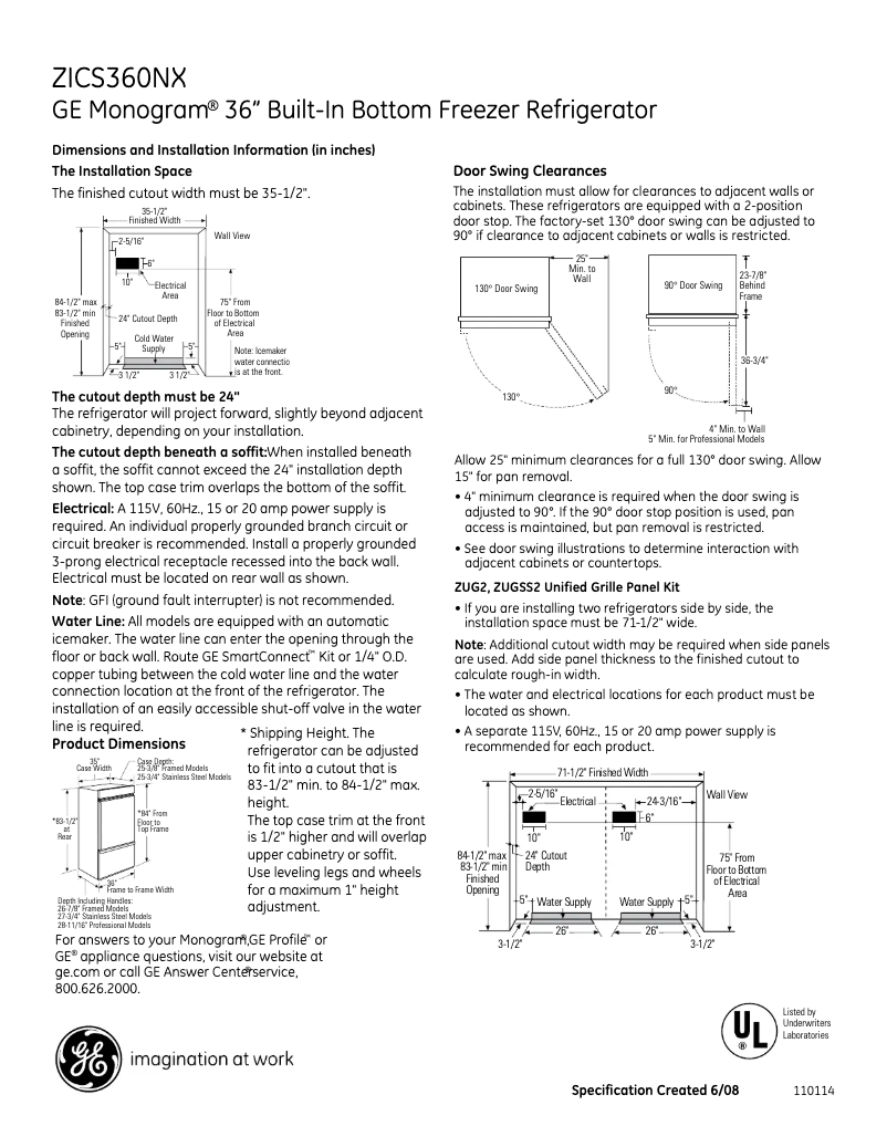 Page 1 de la notice Fiche technique GE ZICS360NXRH